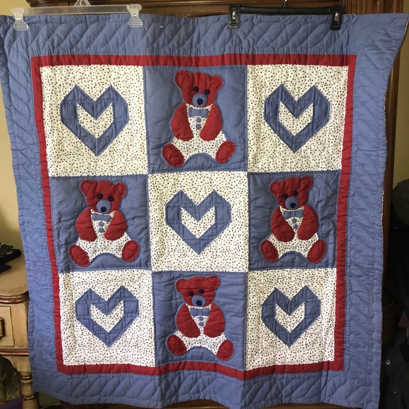 Donna Sharp Teddy Bear Hearts Red White Blue Baby Cotton Throw Blanket Quilt - Picture 1 of 6
